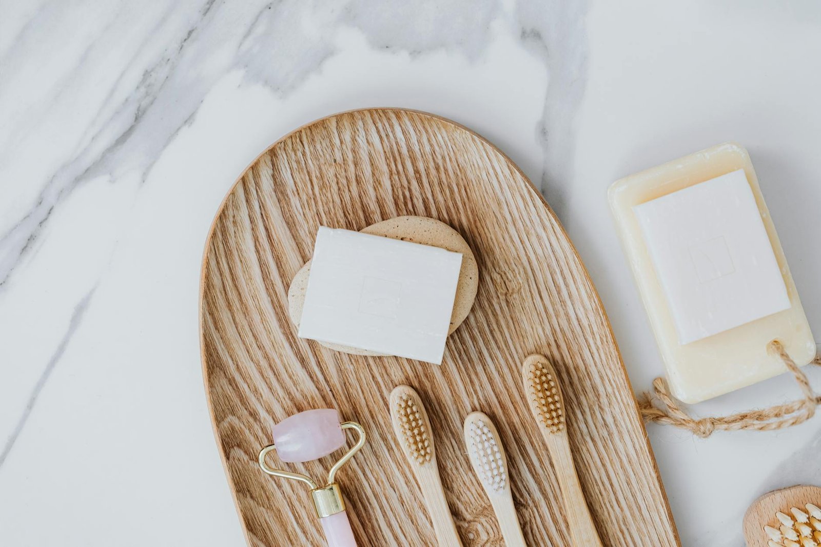 wooden toothbrush on a tray